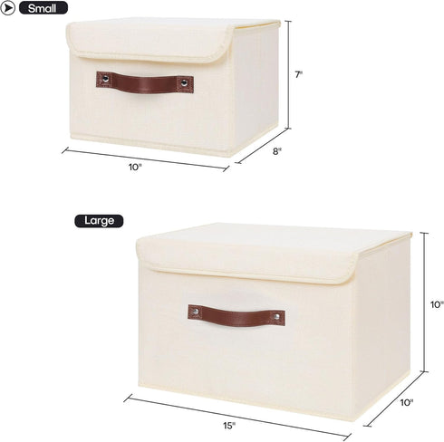 ANMINY Storage Bin with Lid Storage Boxes with PU Leather Handles PP Plastic Board Decorative Foldable Lidded Cotton Linen Fabric Home Cubes Baske...