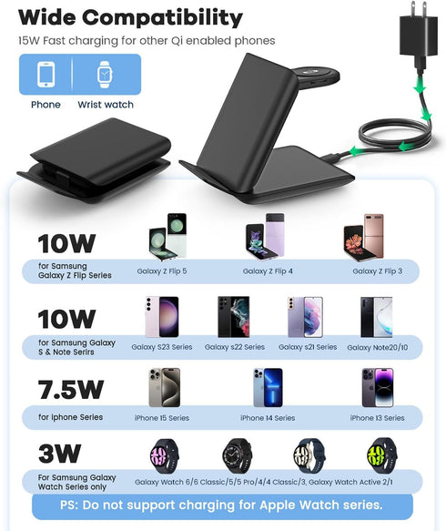 Fast Wireless Charger for Samsung - 2 in 1 Foldable Travel Charging Station, Compatible with Samsung Galaxy Z Flip 6/5/4 Series and Motorola Razr+...