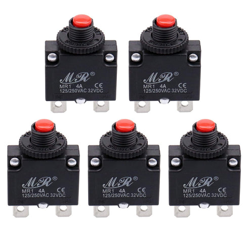 4 Amps Thermal Circuit Breakers, 125/250V AC 32V DC Push Button Manual Reset Overload Protector Circuit Breaker Switch 4A 5 Pack...