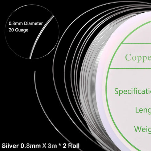 MIKIMIQI 2 Pack Jewelry Wire - 20 Gauge Tarnish Resistant Copper Beading Wire for Jewelry Making, 0.8mm X 3m Each (Silver)...
