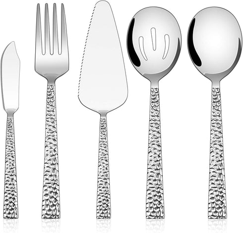 E-far Hammered Serving Utensils, 5-Piece Stainless Steel Square Hostess Serving Set for Buffet Party Kitchen Restaurant, Mirror Finished & Dishwas...