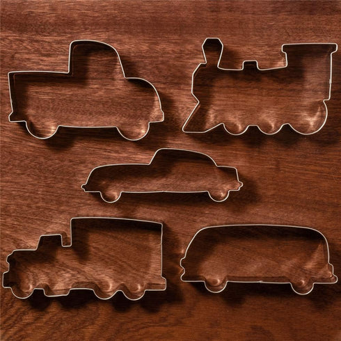 LILIAO Transportation Cookie Cutter Set - 5 Piece - Train, Truck, Pick-up Truck, Beat-up Car and Bus Fondant Cutters - Stainless Steel...