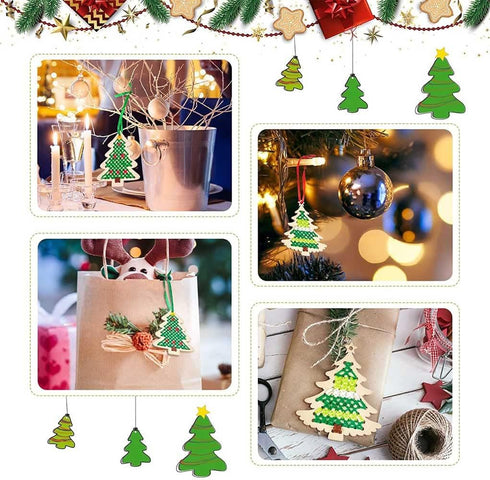 10 pcs Christmas Wooden Cross Stitch Kits Cross Stitch Wood Ornaments Christmas Hanging Decors Craft Christmas Decorations for Christmas Tree Deco...