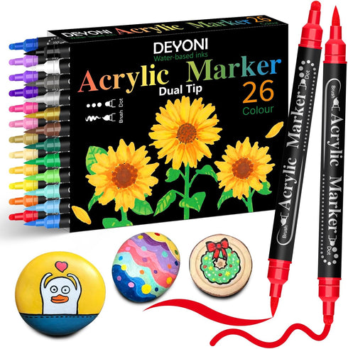 Dual Tip Acrylic Paint Pens, 26 Colors, Medium and Brush Tips, Ideal for Rock Painting, Ceramic, Wood, Plastic, Calligraphy, Scrapbooking, Card Ma...