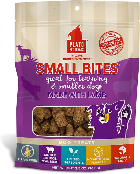 PLATO Pet Treats Air Dried Small Bites Dog Treats, Natural Bite Sized Real Meat & Lamb, Grain Free & High Protein, Made in The USA, 2.5oz...