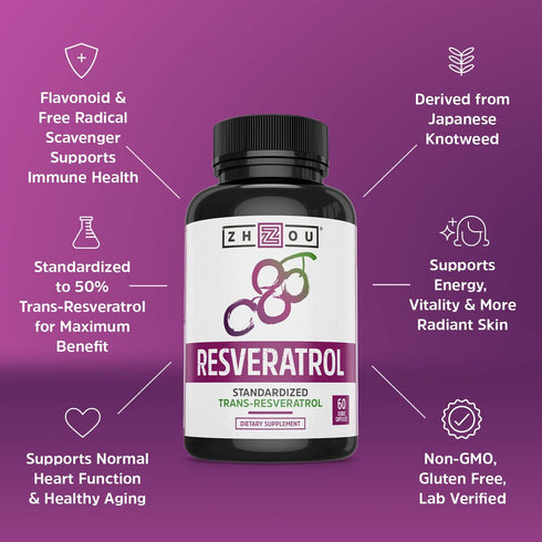 Zhou Resveratrol Supplement | Healthy Aging, Immune System & Heart Health Support | Powerful Antioxidant Benefits | 30 Servings, 60 Veg Caps...