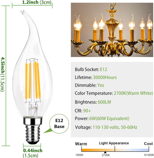 LED Chandelier Light Bulbs, E12 Candelabra Bulb 60 Watt Equivalent, 2700k Warm White 600LM E12 LED Bulb Dimmable, Vintage LED Filament C35T/CA10 C...