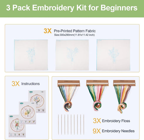 Magibeads 3 Sets Beginner Embroidery Kit Vase Flower Arranging Cross Stitch Patterns Crochet Kit with Embroidery Thread Fabric Instruction Knittin...
