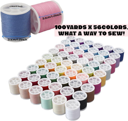 56 Spools Sewing Thread Kit for Hand Sewing and Machine Sewing Use, Colorful Polyester Thread Set 100 Yards Per Spool, 5600 Yards Total...