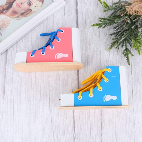 STOBOK 2pcs Wood Lacing Sneaker Learn to Tie Shoes Tie-Up Shoe Threading Toy Montessori Educational Toys (Blue + Pink)...