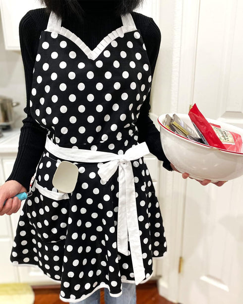Wrapables Adjustable Flirty Hostess Apron, Black Polka Dots...