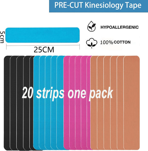 Kinesiology Tape Pro Athletic Sports (20 Precut Strips) Waterproof Breathable Athletic Elastic Kneepad Muscles & Joints Pain Relief Knee Taping fo...