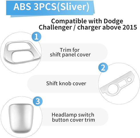 Gear Shift Panel Cover Trim &Gear Shift Knob Cover & Headlight Switches Button Cover Trim Compatible for Dodge Challenger 2015 up, ABS 3pcs(Silver...