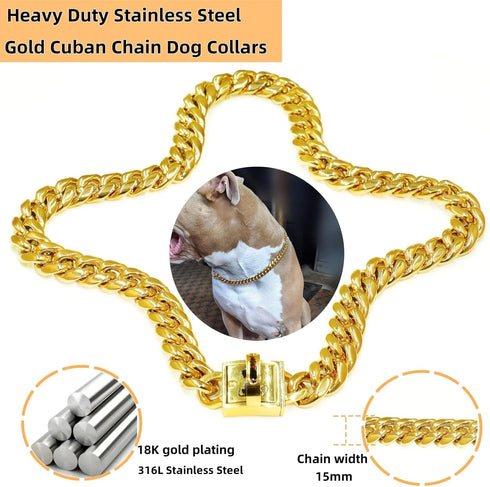 Heavy Duty Cuban Link Chain Dog Collars 15MM Gold/Silver Stainless Steel Metal Walking Training Collars with Cute Secure Design Buckle, Chew Proof...
