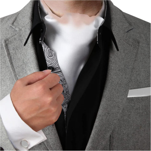 Dan Smith Self Ascot Scarf For Party White Silk Blend Plain Self Ascot Cravat Tie Pocket-Square Cufflinks Set 46" Clip-On Famliy Shirt C.C.AQ.AA.0...