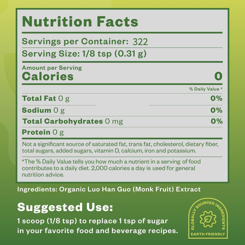 Organic Monk Fruit Sweetener, 125g (4.41oz), No Fillers Pure USDA Organic Monk Fruit Extract Powder with No Aftertaste, Zero Calorie & Zero Carbs,...