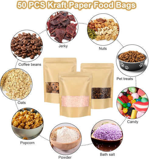 Blisstime Stand Up Pouches, 50 Pack Kraft Paper Bags with Matte Window and Tear Notch Resealable Bags for Small Business Home Use (6.3 X 8.7 Inche...