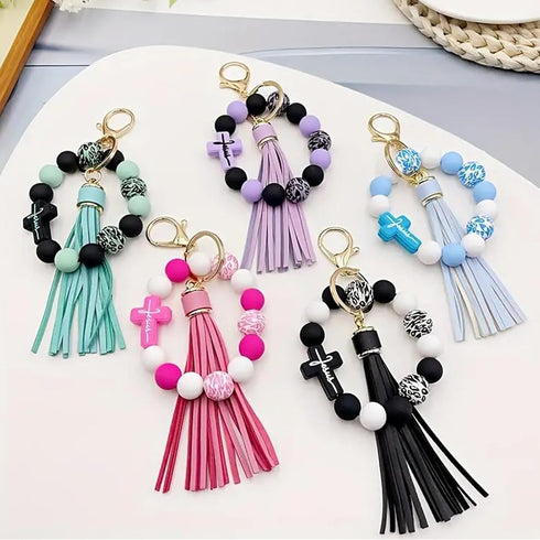 Wristlet Bracelet Keychain for Women,Silicone/Wood Cross Leopard Beaded Bracelet with PU Tassel,Clip Key Holder...