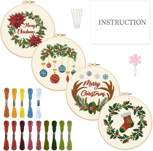 INFUNLY 4 Sets Christmas Embroidery Kits Cross Stitch Kits for Beginners with Instructions Embroidery Starter Kit for Adults 11.8x11.8in Elks Embr...