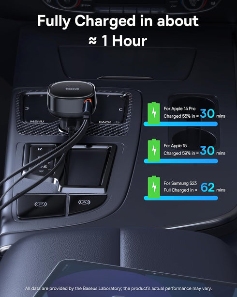 Baseus USB C Car Charger, 60W Retractable Car Charger, 3 in 1 Fast Car Charger, Compatible with iPhone 15/14/13/12 Pro Max, Plus, Samsung Galaxy S...