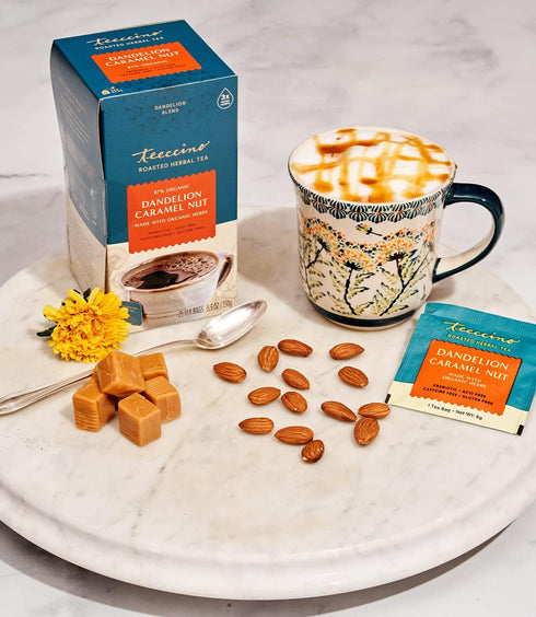 Teeccino Dandelion Caramel Nut Tea, 25 Tea Bags - Caffeine Free, Roasted Herbal Tea with Prebiotics, 3x More Herbs than Regular Tea Bags, Gluten F...