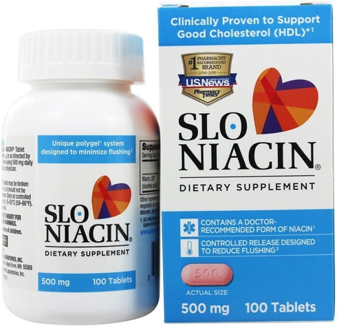 Slo-Niacin Vitamin B3 500 Mg - Slow Release Niacin for Heart Health, Energy Boost, Health Skin, Healthy Blood Sugar Levels - 100 Capsules...