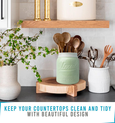 Comfify Wide Mouth Mason Jar Utensil Holder Decorative Kitchenware Organizer Crock, Dishwasher Safe - Kitchen Caddy Green, Large Size 7" Hight...