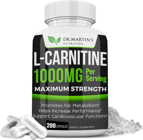 DR. MARTIN'S NUTRITION Extra Strength L-Carnitine - 200 Capsules - 1000mg Per Serving - Boost Your Metabolism and Increase Performance...