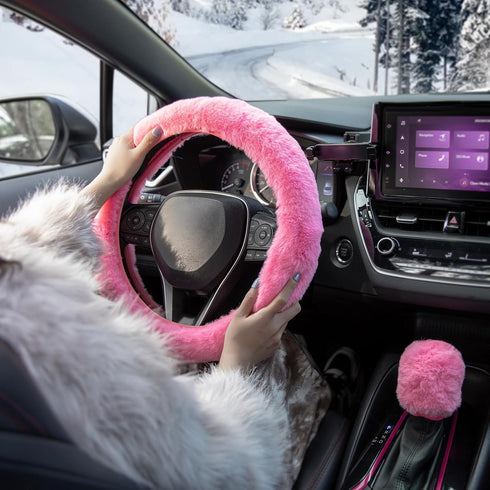 SEG Direct Furry Car Steering Wheel Cover with Fluffy Gear Shift Cover Soft Warm Non-Slip Car Decoration for Women Girls 2 PCS Set, Pink...
