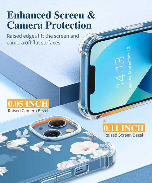 GVIEWIN Designed for iPhone 13 Case 6.1 Inch, with Tempered Glass Screen Protector + Camera Lens Protector Clear Flower Soft & Flexible Shockproof...