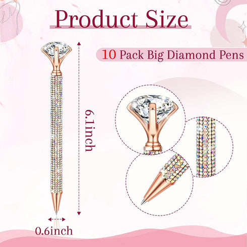 10 Pcs Big Diamond Pens with Crystal Bling Rhinestone Pen Metal Diamond Ballpoint Pens Black Rhinestone Ink Pens for Women Wedding Bridal Shower f...