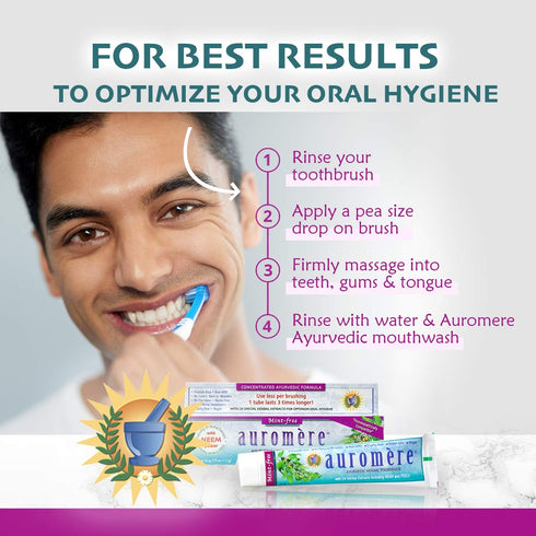 Auromere Ayurvedic Herbal Toothpaste, Mint Free - Vegan, Natural, Non GMO, Fluoride Free, Gluten Free, with Neem & Peelu (4.16 oz), 1 Pack...