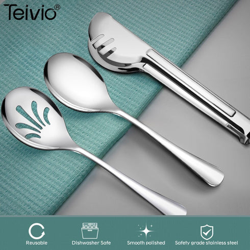Teivio Stainless Steel Metal Serving Utensils - Large Set of 9-10" Spoons, 10" Slotted Spoons, and 9" Tongs (Silver)...