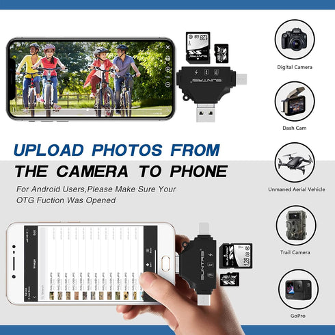 4 in 1 SD Card Reader for iPhone ipad Android Mac PC Camera,Micro SD Card Reader SD Card Adapter Portable Memory Card Reader Trail Camera Viewer C...