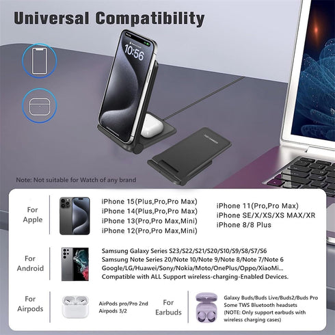 2 in 1 Wireless Charger,Foldable 20W Fast Wireless Charging Stand Compatible with iPhone 15/15 Pro/14/13/12/X/AirPods,Dual Phone Induction Charge ...