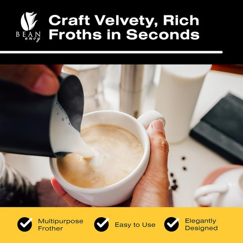 Bean Envy Milk Frother Handheld for Coffee - Electric Hand Blender, Mini Drink Mixer Whisk & Coffee Foamer Wand with Stand for Lattes, Cappuccino,...