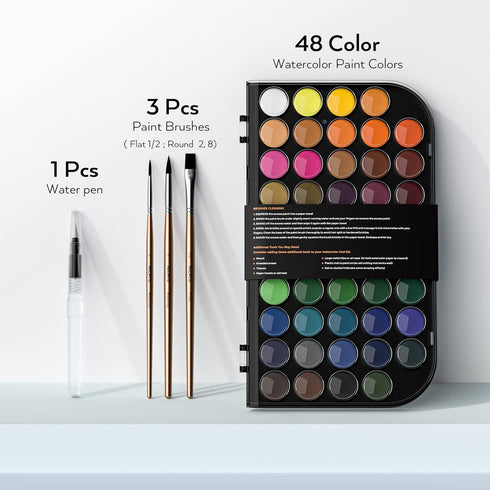 Nicpro Watercolor Paint Set, 48 Water Colors Kit with 3 Painting Brushes, Palette, Watercolor Pen, Non-toxic Painting Supplies for Kids, Adults, S...