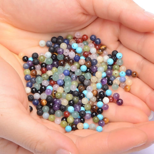 4mm Natural Mixed Materials Gemstones Beads and Brass Tiny Spacer Round Loose Beads Jewelry Making KIT with Thread and Needles 300PCS+300 PCS(12 N...