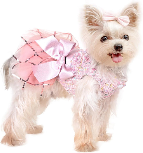 Dog Dress for Small Dogs Girl Summer Puppy Dresses Clothes Outfit for Chihuahua Yorkie Teacup Pink Dog Wedding Dress Holiday Cute Bowknot Pet Skit...