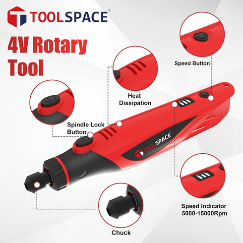 TOOLSPACE 4V Cordless Rotary Tool Kit with 69 Accessories, 6 Variable Speeds and USB Charging, Ideal for Carving, Engraving, Sanding, Polishing an...