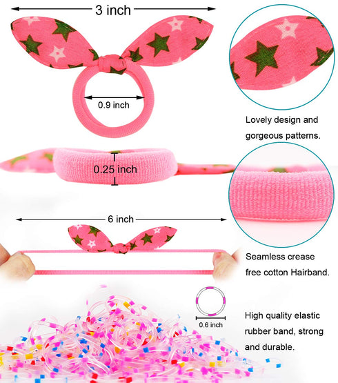 50pcs Children Hair Ties+200pcs Rubber Bands, Cute Toddler Rabbit Ear Hair Ties, Seamless No Crease Elastic Cotton Bows Ponytail Holders Hair Acce...