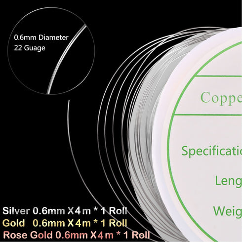 3 Pack Jewelry Wire Craft Wire 22 Gauge Tarnish Resistant Jewelry Beading Wire Copper Beading Wire for Jewelry Making Supplies and Crafting, 0.6mm...