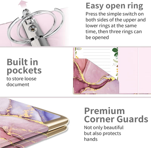 Ospelelf Mini 3 Ring Binder 2 Inch, Cute Binder for 5.5" x 8.5" with 5 Tab Dividers, File Folder Labels and Low Profile Clipboards, Pink Marble Bi...