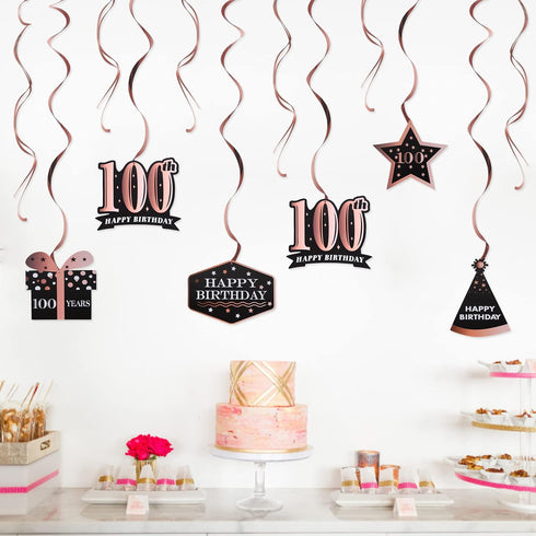 LINGTEER Happy 100th Birthday Decorations - 12 Pcs Birthday Black & Rose Gold Foil Swirls Streamer Set,Cheers to 100 Years Old Bday Party Gift Dec...