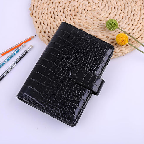 A6 6 Ring Budget Binder - Crocodile Pattern Leather Notebook Binder, Small Refillable Planner Cover with Magnetic Buckle, Black...