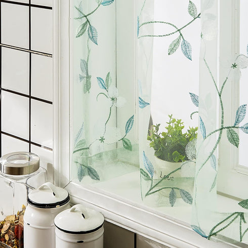 MRTREES Sheer Tier Curtains Rod Pocket, Short Voile Cafe Curtains, Floral Embroidered Kitchen Tiers Small Half Window Treatment for Basement/Bathr...