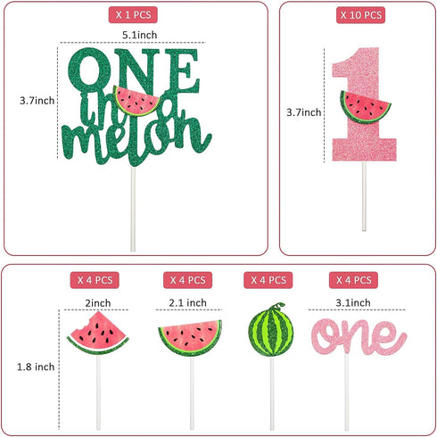 Set of 27 One in a Melon Cake Cupcake Toppers Glitter Watermelon Cake Toppers 1st Birthday Party Cake Decor Watermelon Themed Kids Party Supplies ...