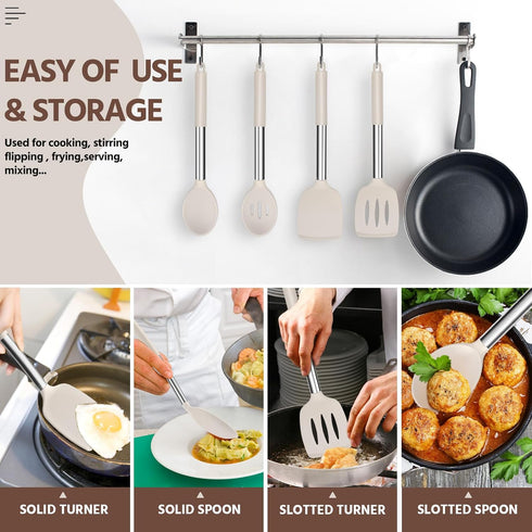 E-far Cooking Utensils Set of 4, Silicone Kitchen Utensils for Non-stick Cookware, Heat Resistant & Non-toxic Slotted Spatula Solid Spoon Turner f...
