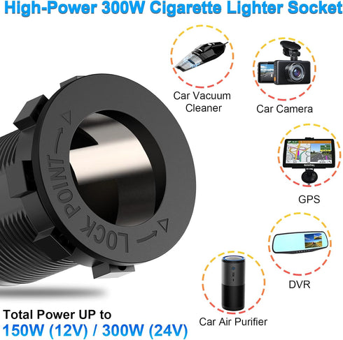 Cigarette Lighter Socket 12V Power Outlet, Qidoe Aluminum 40W Dual QC3.0 USB Charger Socket with LED Voltmeter Switch,150W DC Lighter Socket Water...