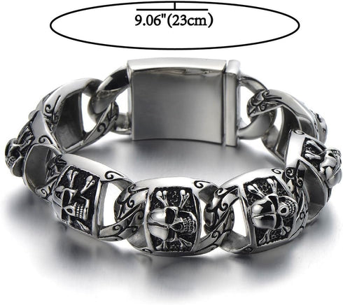 COOLSTEELANDBEYOND Heavy and Study Mens Stainless Steel Biker Skull Bracelet Silver Black Two-tone Polished...